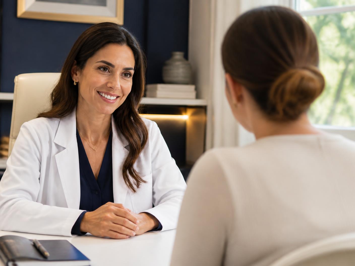 Médica sorridente ouvindo atentamente uma paciente durante consulta